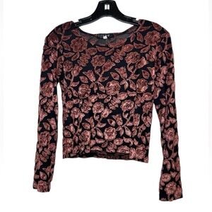 Citron Santa Monica Top Size S Black Rose Floral Textured Long Sleeve Shirt